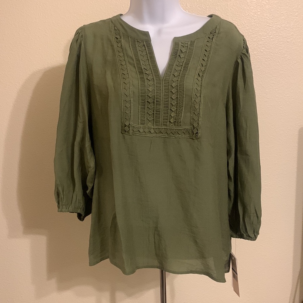 Nanette Lepore Olive Peasant Top 3/4 sleeve NWT